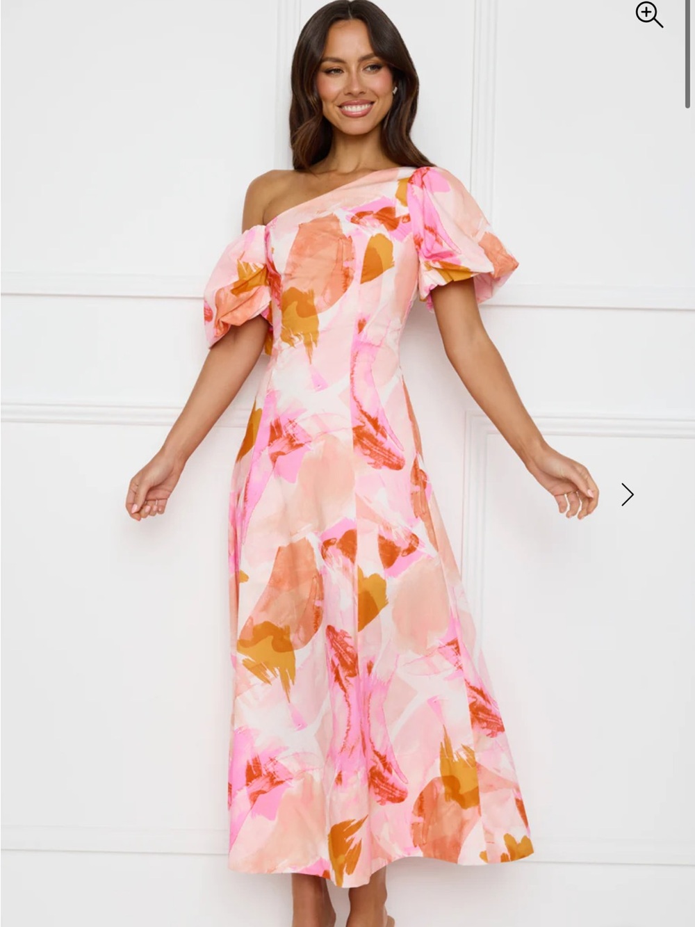 Hello Molly One-Shoulder Puff Sleeve Midi Dress in Pink & Tan